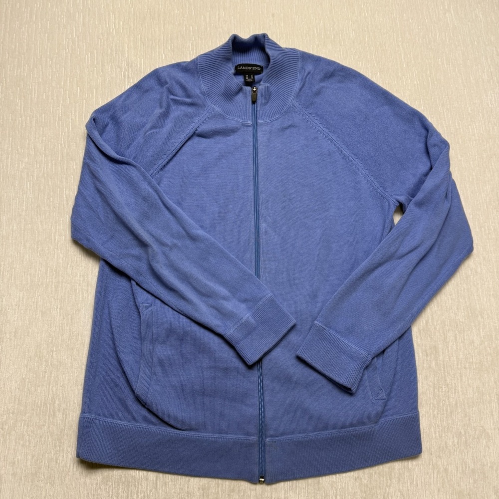 Lands' End Cardigan Full Zip Sweater Mens Medium Sky Blue Knit Preppy Academia